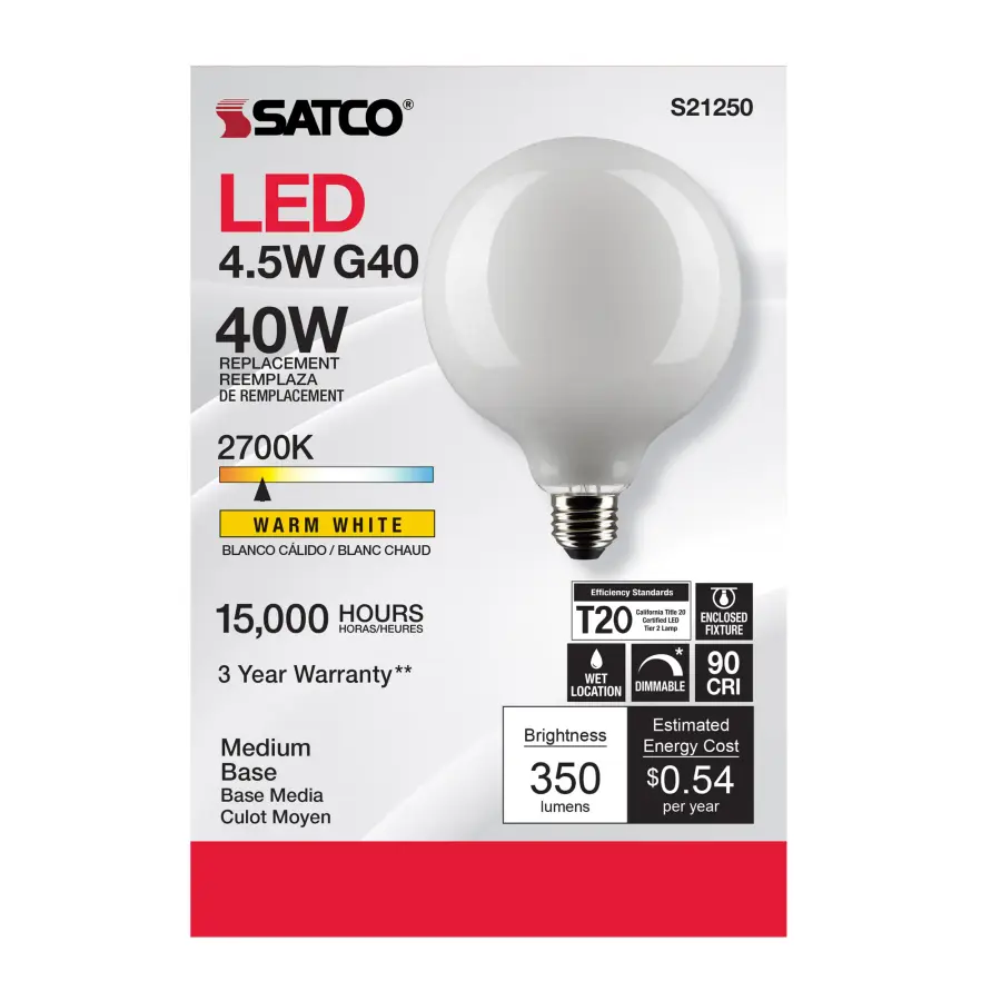 4.5 Watt G40 LED Filament - White - Medium base - 90 CRI - 2700K - 120 Volt - Image 4