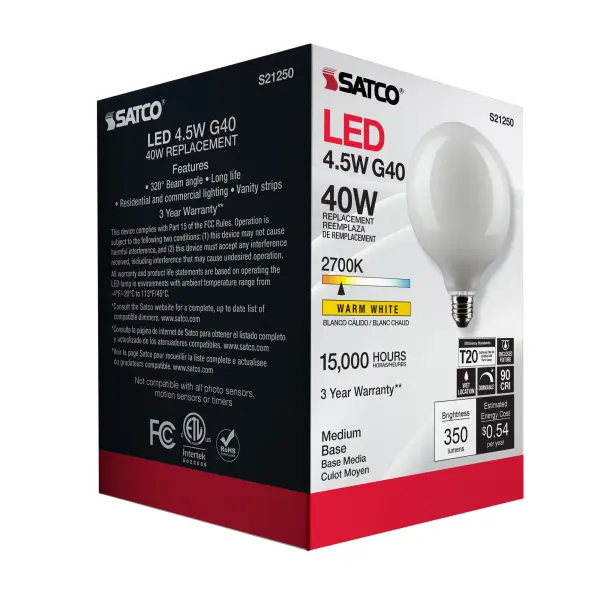 4.5 Watt G40 LED Filament - White - Medium base - 90 CRI - 2700K - 120 Volt - Image 8