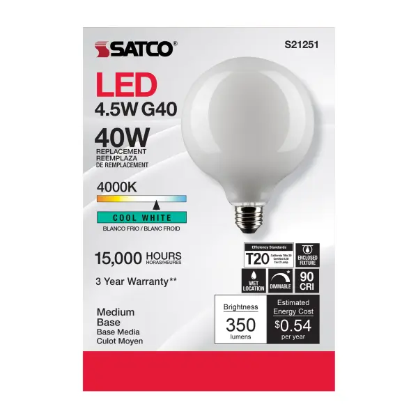 4.5 Watt G40 LED Filament - White - Medium base - 90 CRI - 4000K - 120 Volt - Image 4