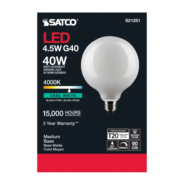 4.5 Watt G40 LED Filament - White - Medium base - 90 CRI - 4000K - 120 Volt - Image 5