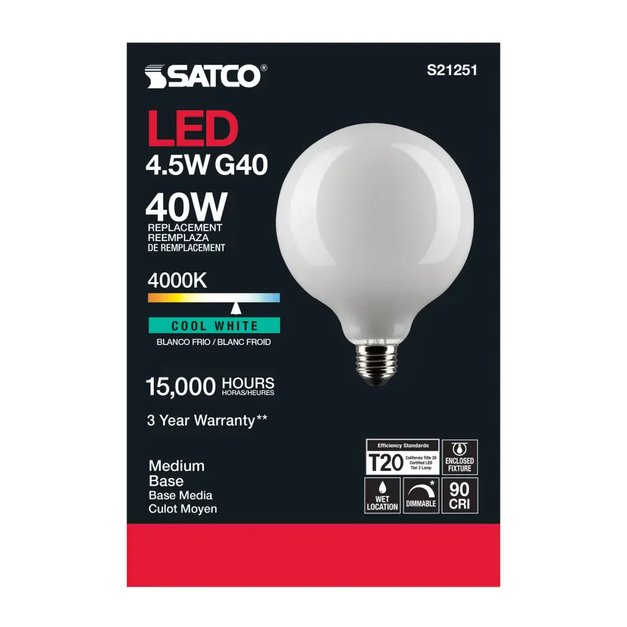 4.5 Watt G40 LED Filament - White - Medium base - 90 CRI - 4000K - 120 Volt - Image 5