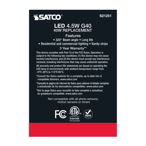4.5 Watt G40 LED Filament - White - Medium base - 90 CRI - 4000K - 120 Volt - Image 7