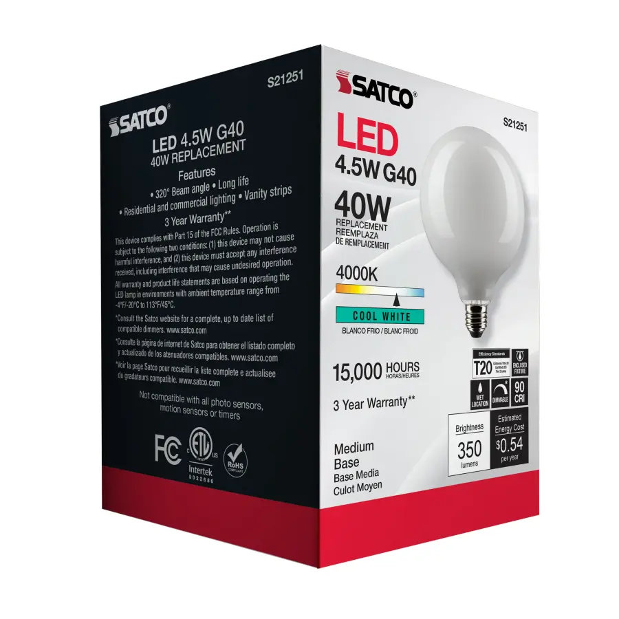 4.5 Watt G40 LED Filament - White - Medium base - 90 CRI - 4000K - 120 Volt - Image 8
