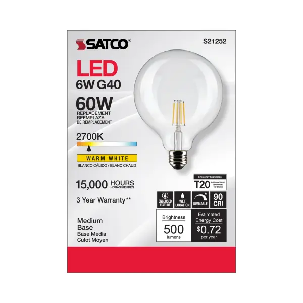 6 Watt G40 LED Filament - Clear - Medium base - 90 CRI - 2700K - 120 Volt - Image 4