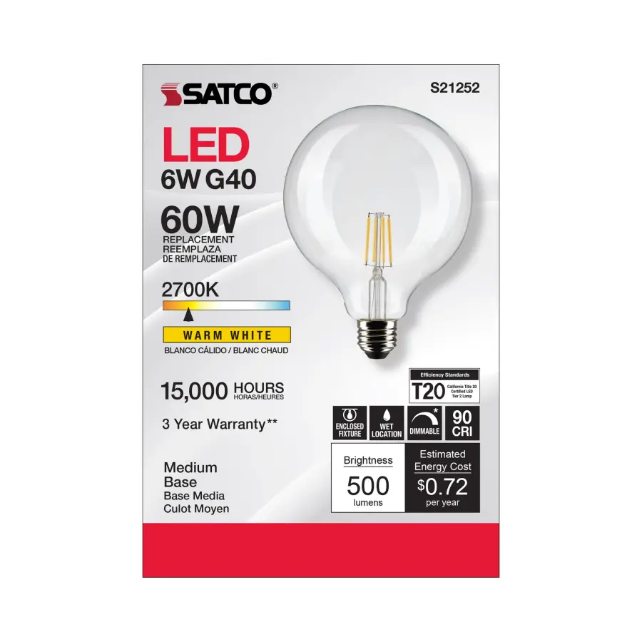 6 Watt G40 LED Filament - Clear - Medium base - 90 CRI - 2700K - 120 Volt - Image 4
