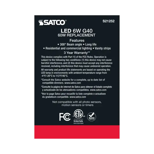 6 Watt G40 LED Filament - Clear - Medium base - 90 CRI - 2700K - 120 Volt - Image 6