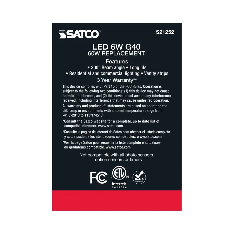 6 Watt G40 LED Filament - Clear - Medium base - 90 CRI - 2700K - 120 Volt - Image 6