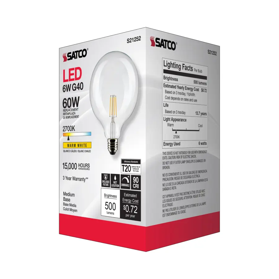 6 Watt G40 LED Filament - Clear - Medium base - 90 CRI - 2700K - 120 Volt - Image 8