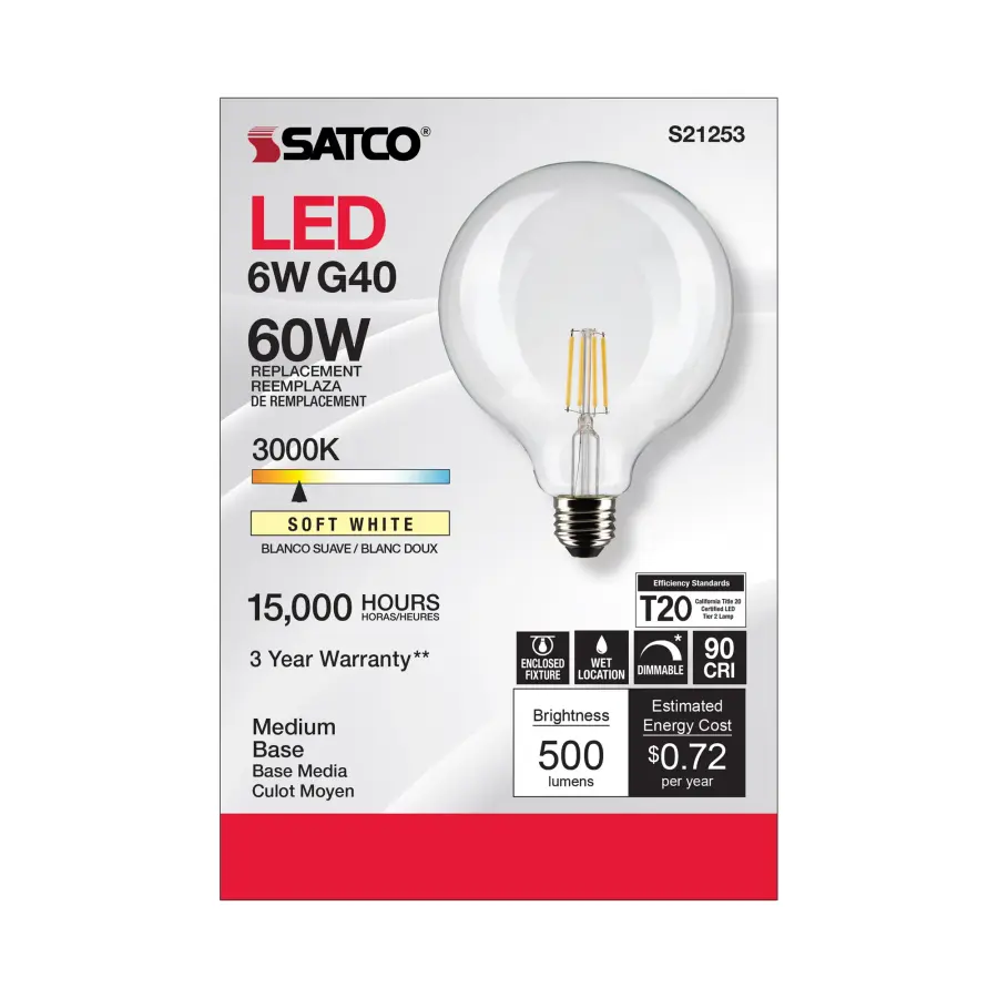 6 Watt G40 LED Filament - Clear - Medium base - 90 CRI - 3000K - 120 Volt - Image 4