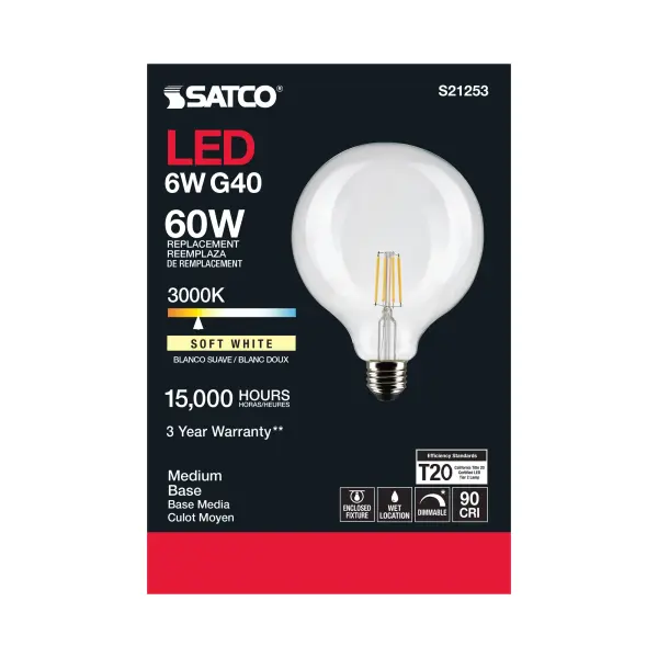 6 Watt G40 LED Filament - Clear - Medium base - 90 CRI - 3000K - 120 Volt - Image 5