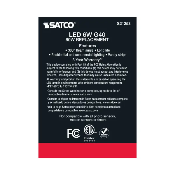6 Watt G40 LED Filament - Clear - Medium base - 90 CRI - 3000K - 120 Volt - Image 6