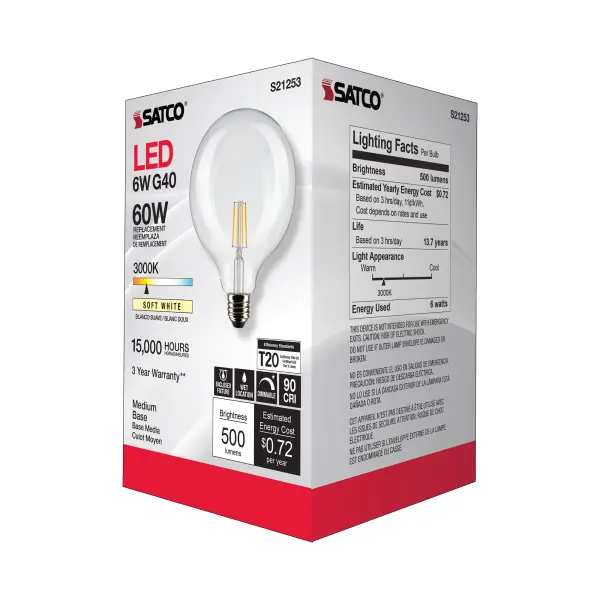 6 Watt G40 LED Filament - Clear - Medium base - 90 CRI - 3000K - 120 Volt - Image 8