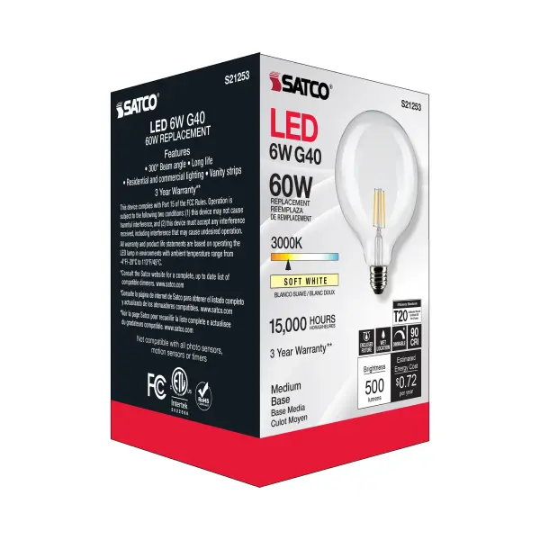 6 Watt G40 LED Filament - Clear - Medium base - 90 CRI - 3000K - 120 Volt - Image 9
