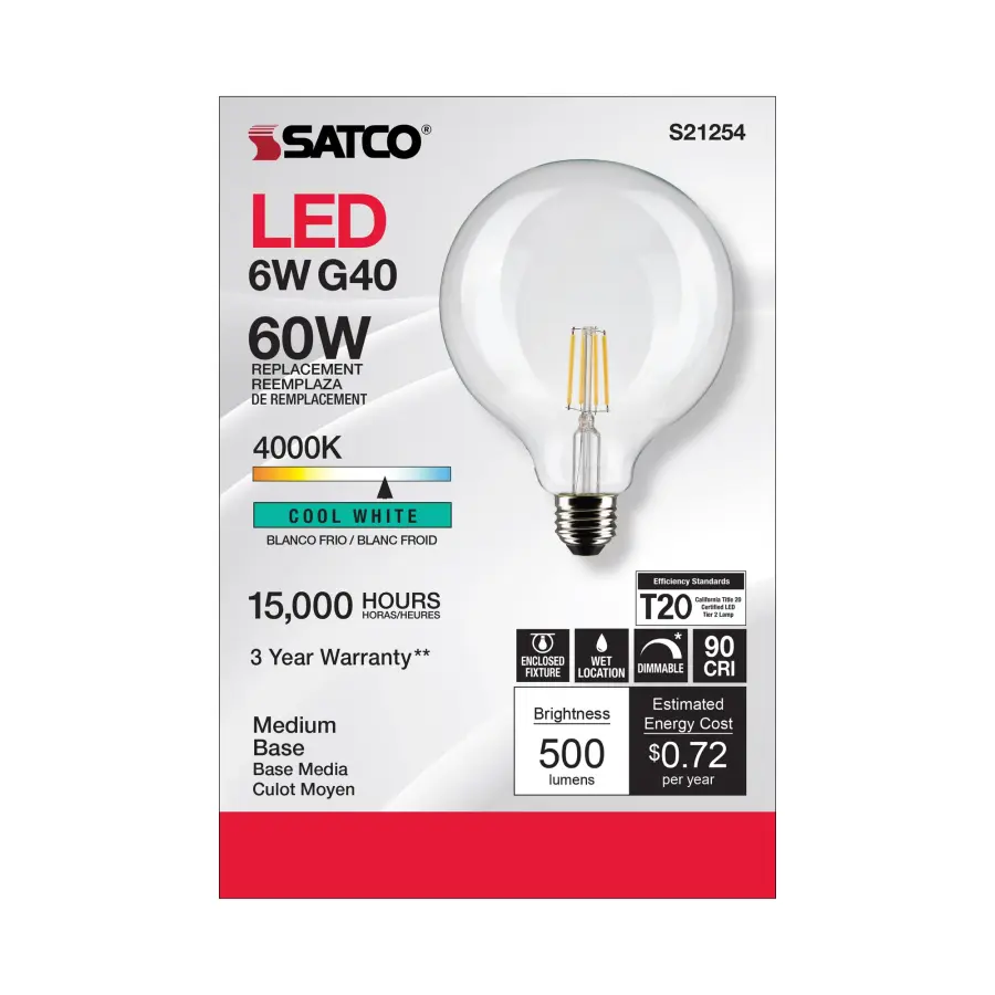 6 Watt G40 LED Filament - Clear - Medium base - 90 CRI - 4000K - 120 Volt - Image 4