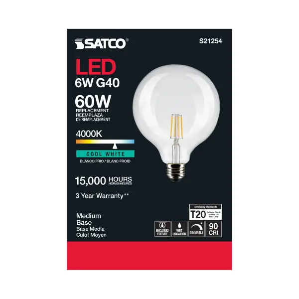 6 Watt G40 LED Filament - Clear - Medium base - 90 CRI - 4000K - 120 Volt - Image 5