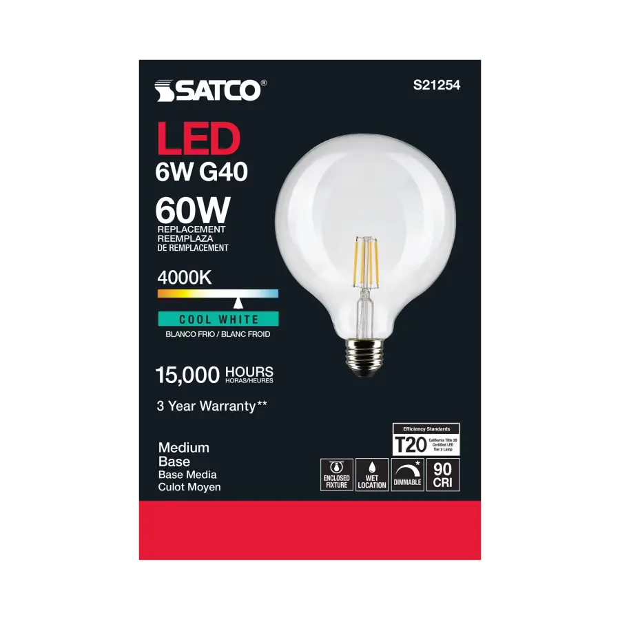 6 Watt G40 LED Filament - Clear - Medium base - 90 CRI - 4000K - 120 Volt - Image 5