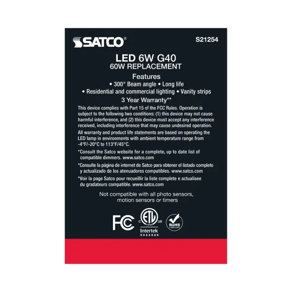 6 Watt G40 LED Filament - Clear - Medium base - 90 CRI - 4000K - 120 Volt - Image 6