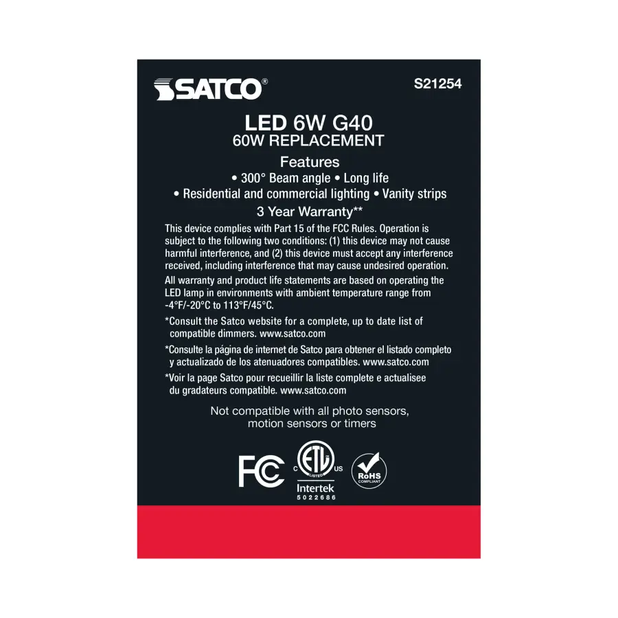 6 Watt G40 LED Filament - Clear - Medium base - 90 CRI - 4000K - 120 Volt - Image 6