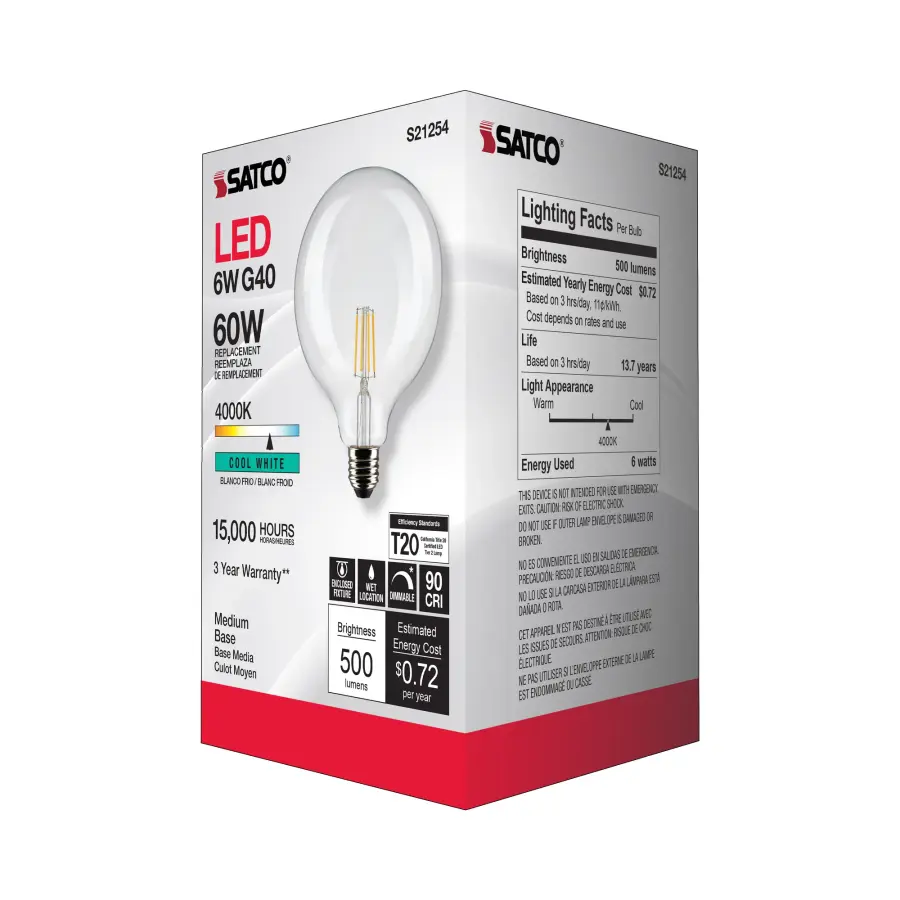 6 Watt G40 LED Filament - Clear - Medium base - 90 CRI - 4000K - 120 Volt - Image 8