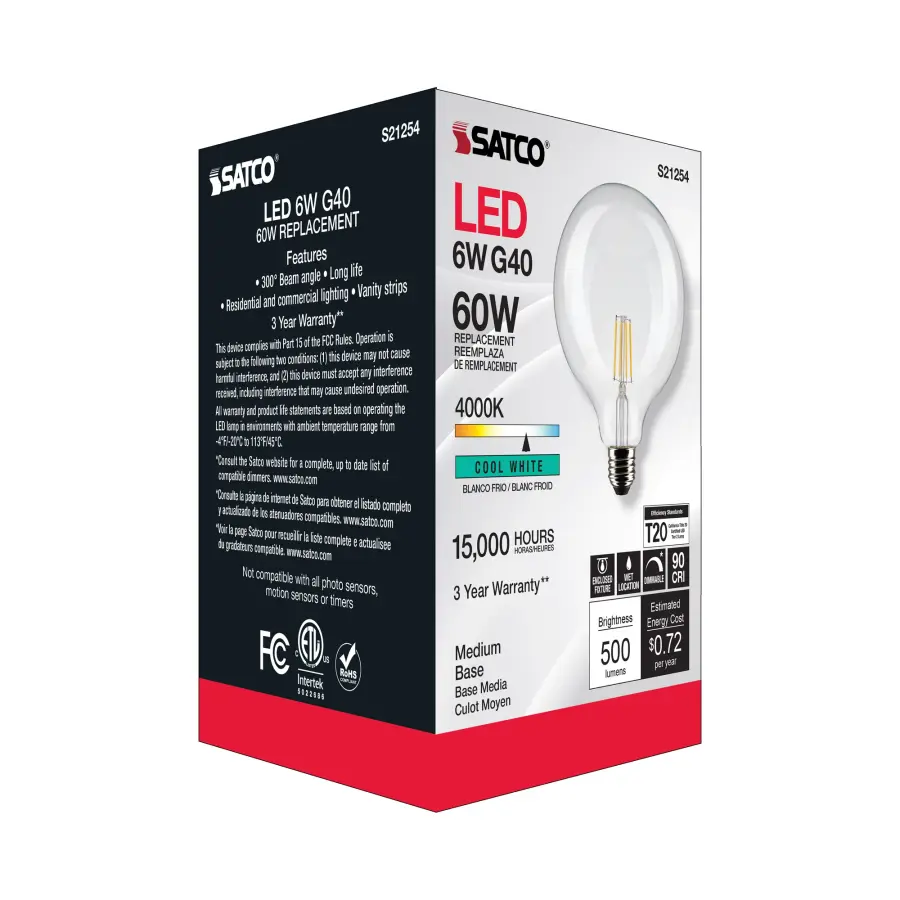 6 Watt G40 LED Filament - Clear - Medium base - 90 CRI - 4000K - 120 Volt - Image 9