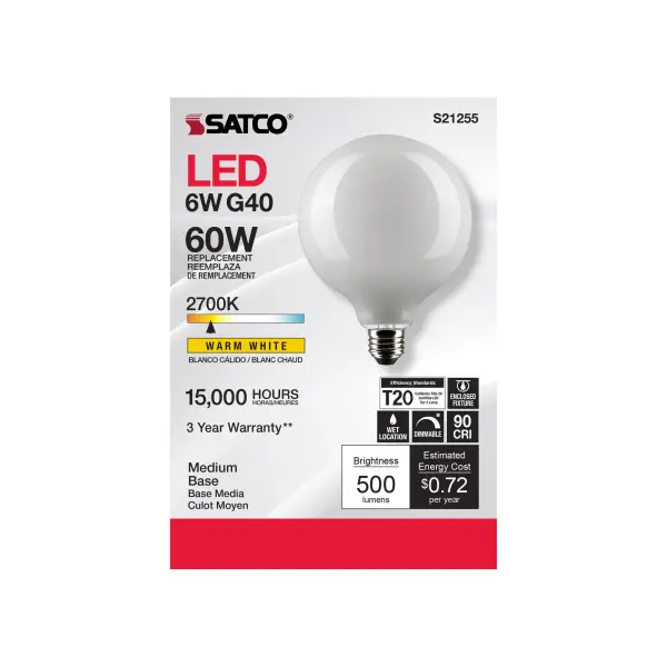 6 Watt G40 LED Filament - White - Medium base - 90 CRI - 2700K - 120 Volt - Image 4