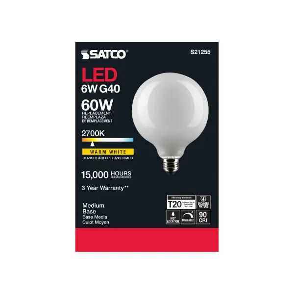 6 Watt G40 LED Filament - White - Medium base - 90 CRI - 2700K - 120 Volt - Image 5