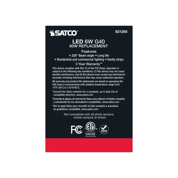 6 Watt G40 LED Filament - White - Medium base - 90 CRI - 2700K - 120 Volt - Image 7