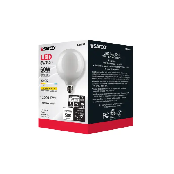 6 Watt G40 LED Filament - White - Medium base - 90 CRI - 2700K - 120 Volt - Image 8