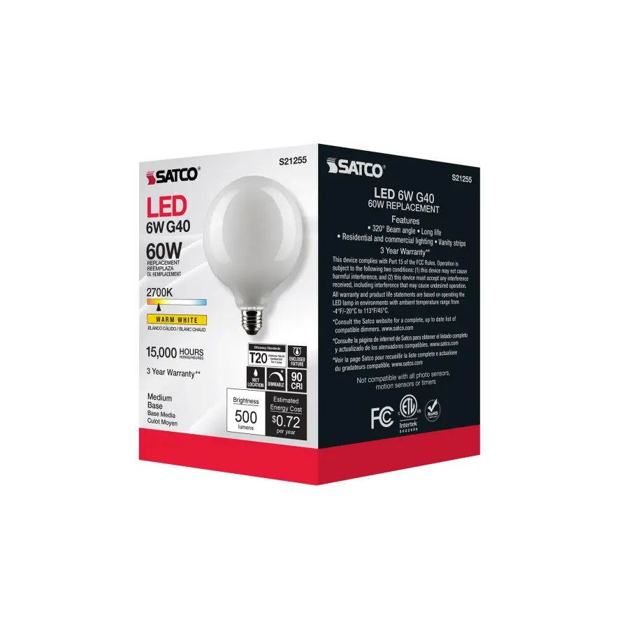 6 Watt G40 LED Filament - White - Medium base - 90 CRI - 2700K - 120 Volt - Image 8