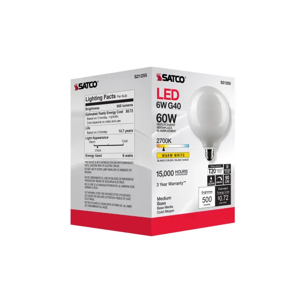 6 Watt G40 LED Filament - White - Medium base - 90 CRI - 2700K - 120 Volt - Image 9
