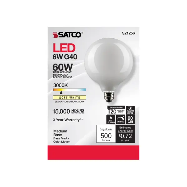 6 Watt G40 LED Filament - White - Medium base - 90 CRI - 3000K - 120 Volt - Image 4