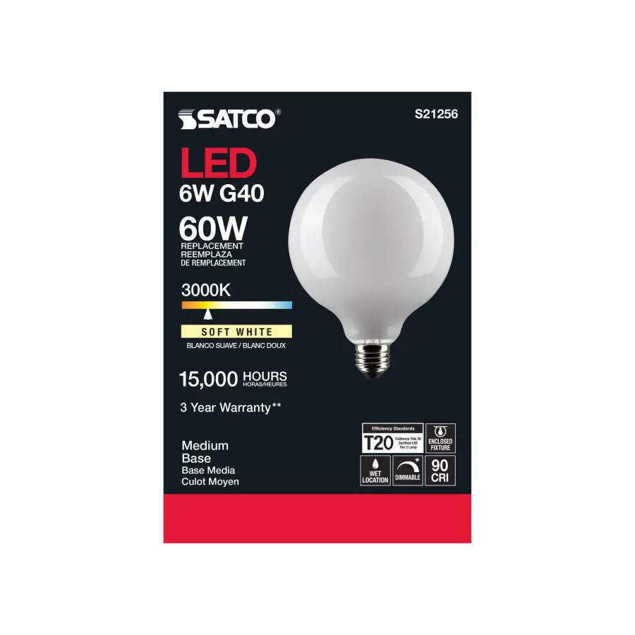 6 Watt G40 LED Filament - White - Medium base - 90 CRI - 3000K - 120 Volt - Image 5