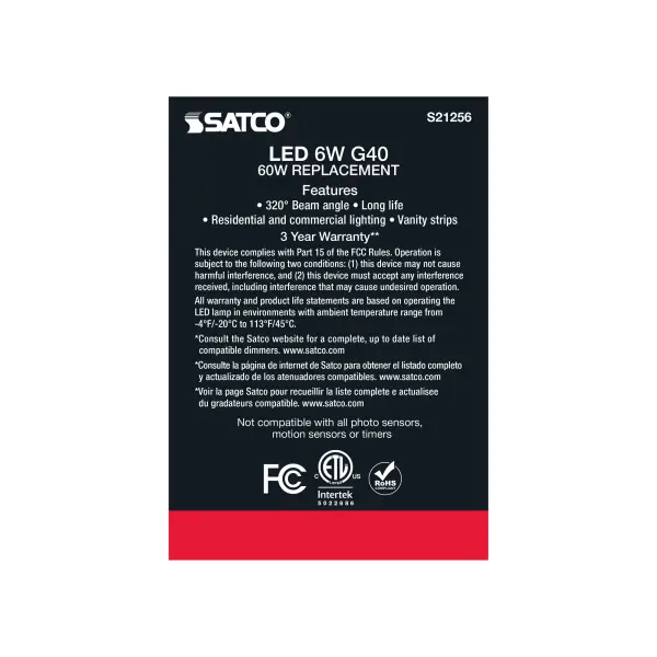 6 Watt G40 LED Filament - White - Medium base - 90 CRI - 3000K - 120 Volt - Image 7