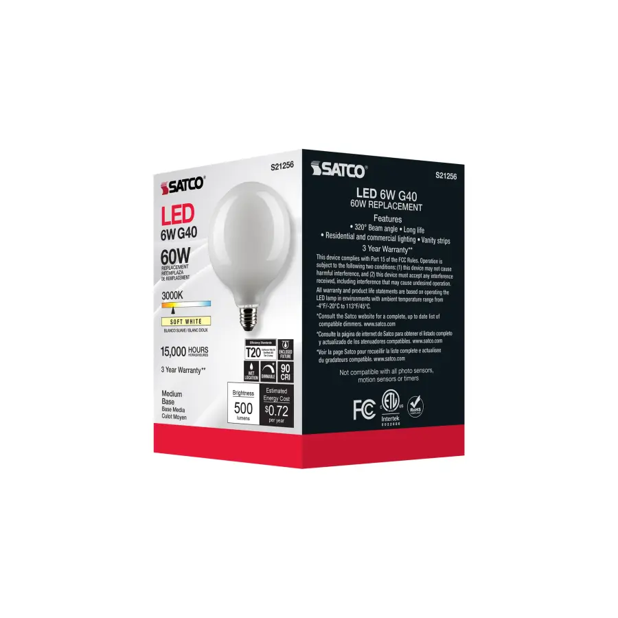 6 Watt G40 LED Filament - White - Medium base - 90 CRI - 3000K - 120 Volt - Image 8