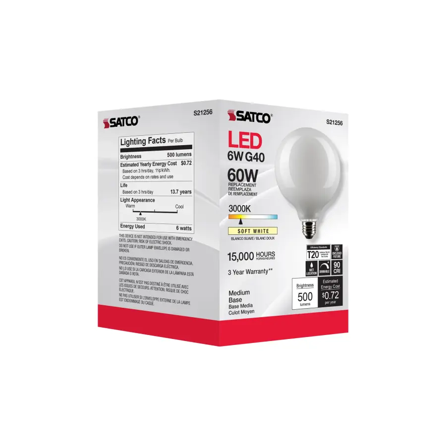 6 Watt G40 LED Filament - White - Medium base - 90 CRI - 3000K - 120 Volt - Image 9