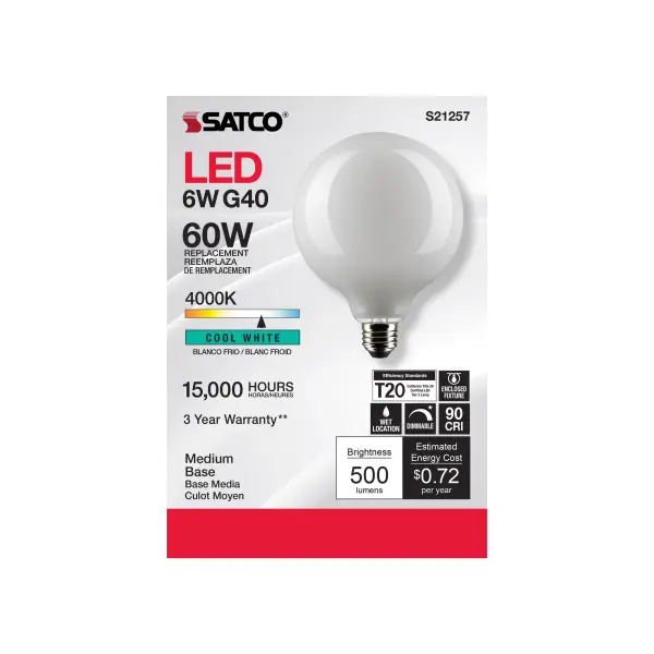 6 Watt G40 LED Filament - White - Medium base - 90 CRI - 4000K - 120 Volt - Image 4
