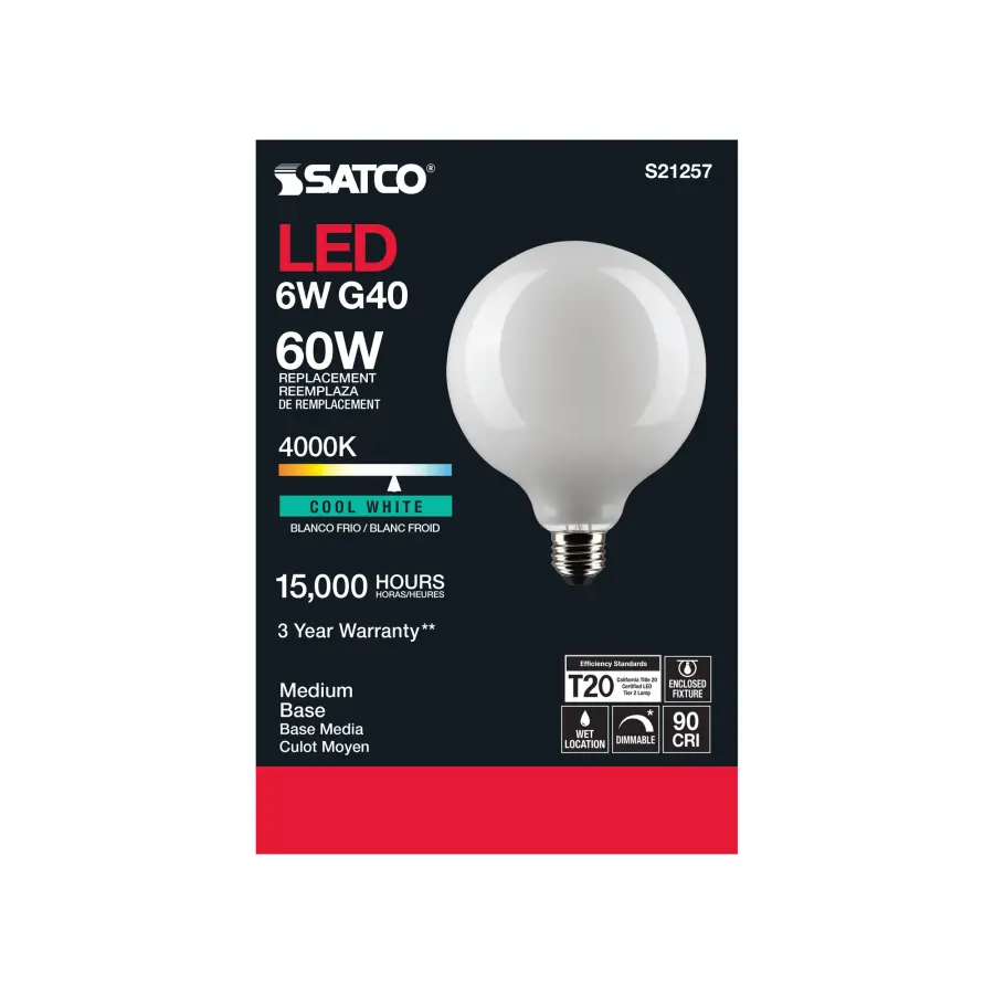 6 Watt G40 LED Filament - White - Medium base - 90 CRI - 4000K - 120 Volt - Image 5