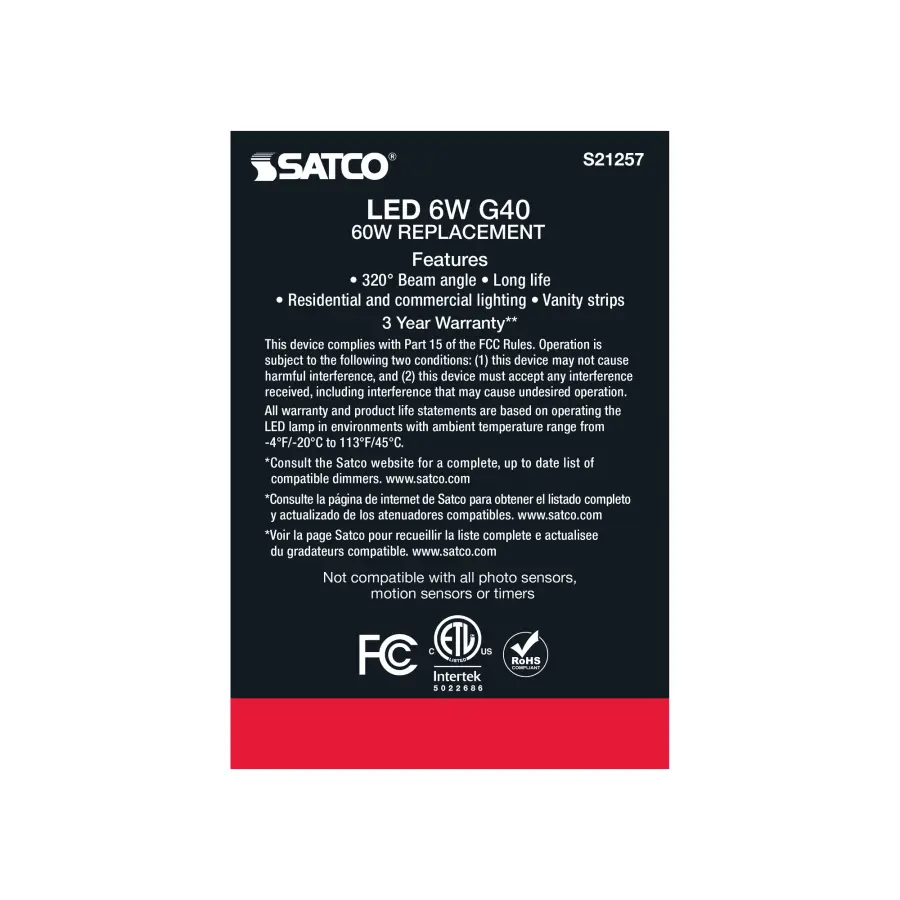 6 Watt G40 LED Filament - White - Medium base - 90 CRI - 4000K - 120 Volt - Image 7