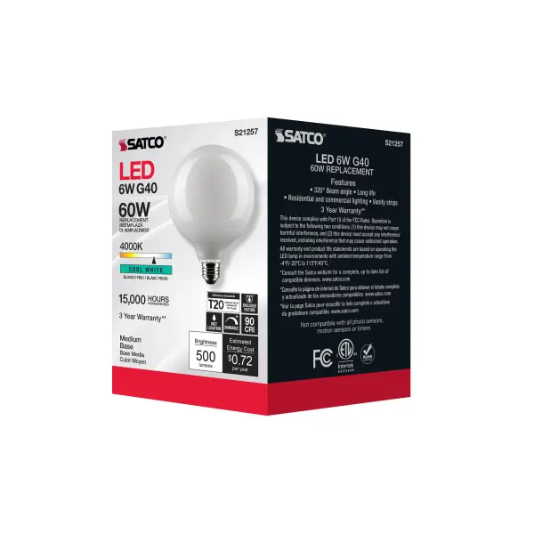 6 Watt G40 LED Filament - White - Medium base - 90 CRI - 4000K - 120 Volt - Image 8