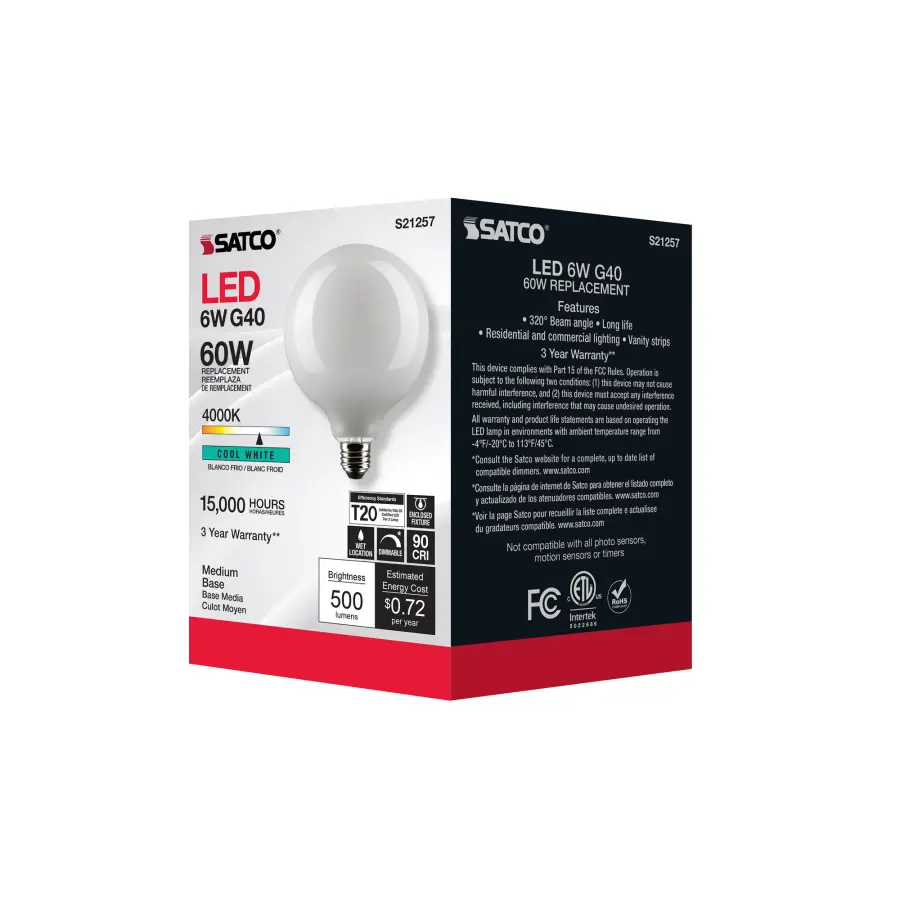 6 Watt G40 LED Filament - White - Medium base - 90 CRI - 4000K - 120 Volt - Image 8