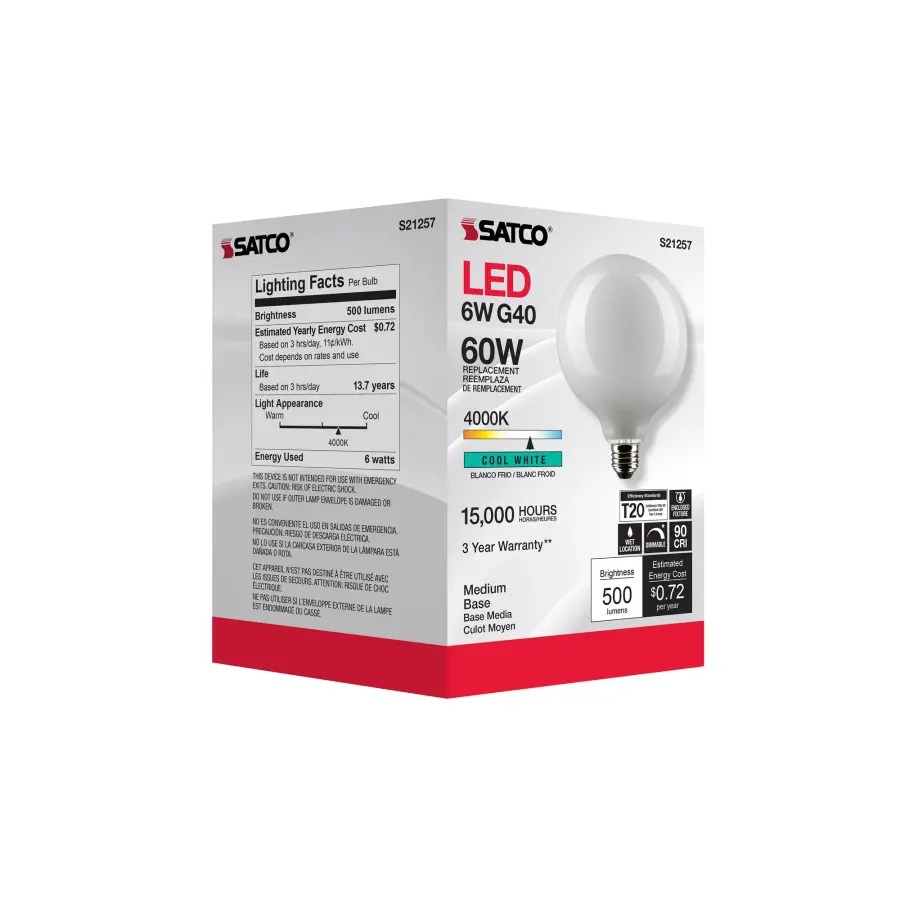 6 Watt G40 LED Filament - White - Medium base - 90 CRI - 4000K - 120 Volt - Image 9