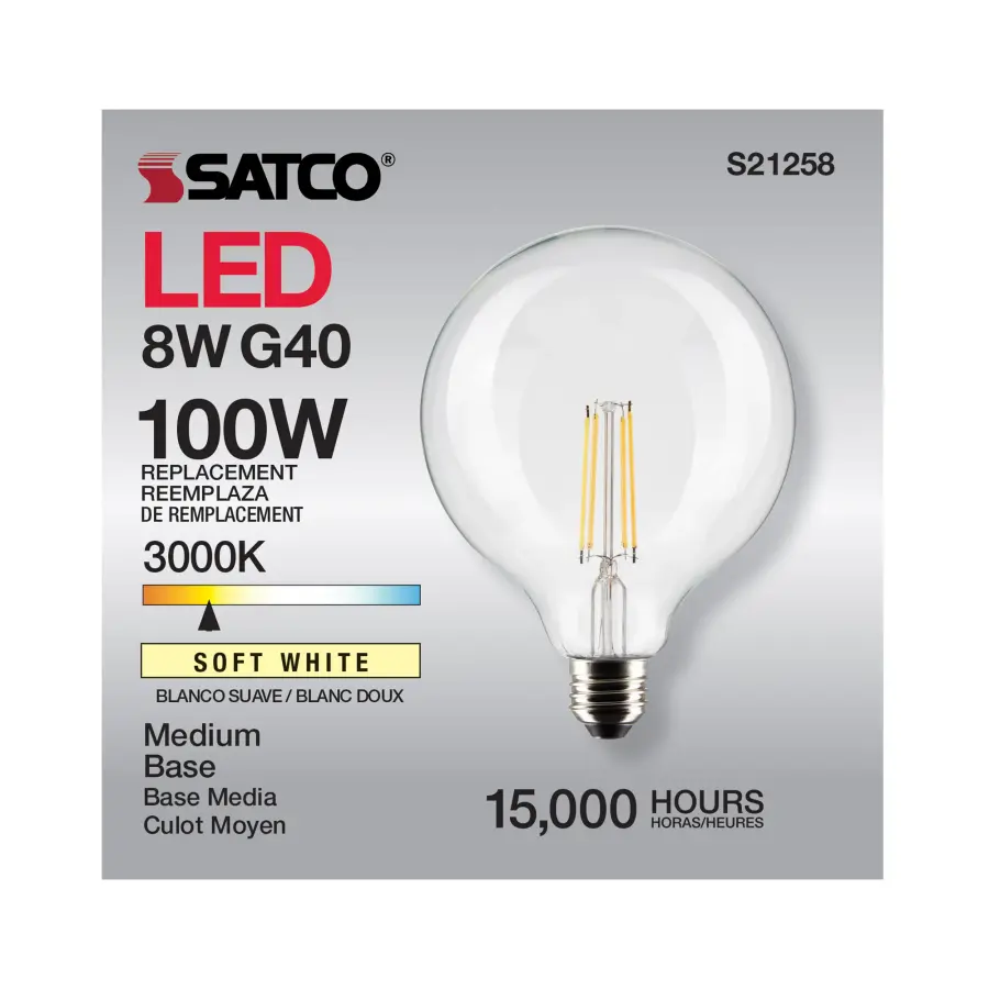 8 Watt G40 LED Filament - Clear - Medium base - 90 CRI - 3000K - 120 Volt - Image 11