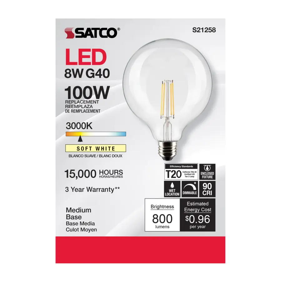 8 Watt G40 LED Filament - Clear - Medium base - 90 CRI - 3000K - 120 Volt - Image 4