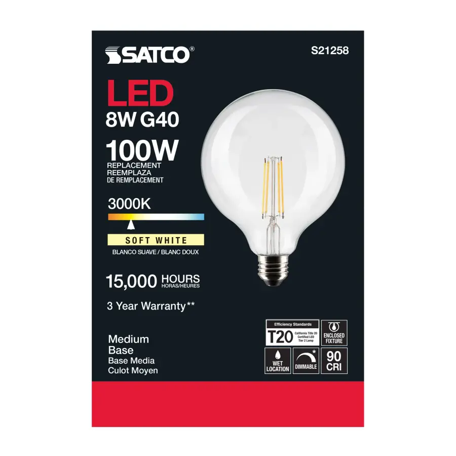 8 Watt G40 LED Filament - Clear - Medium base - 90 CRI - 3000K - 120 Volt - Image 5