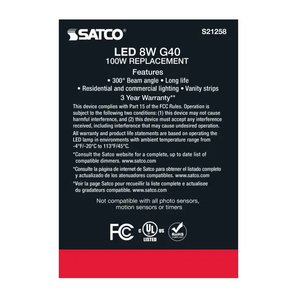 8 Watt G40 LED Filament - Clear - Medium base - 90 CRI - 3000K - 120 Volt - Image 7