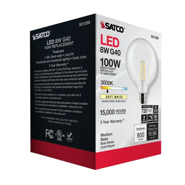 8 Watt G40 LED Filament - Clear - Medium base - 90 CRI - 3000K - 120 Volt - Image 8