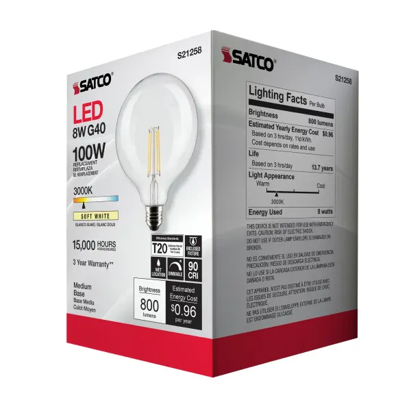 8 Watt G40 LED Filament - Clear - Medium base - 90 CRI - 3000K - 120 Volt - Image 9