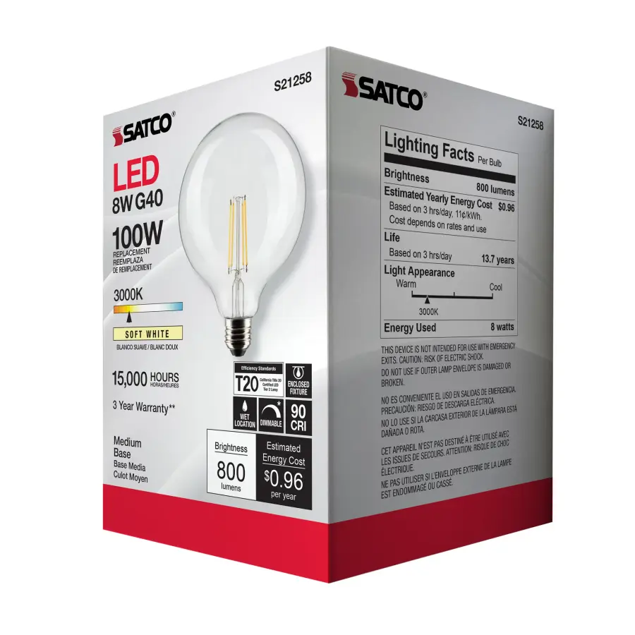 8 Watt G40 LED Filament - Clear - Medium base - 90 CRI - 3000K - 120 Volt - Image 9