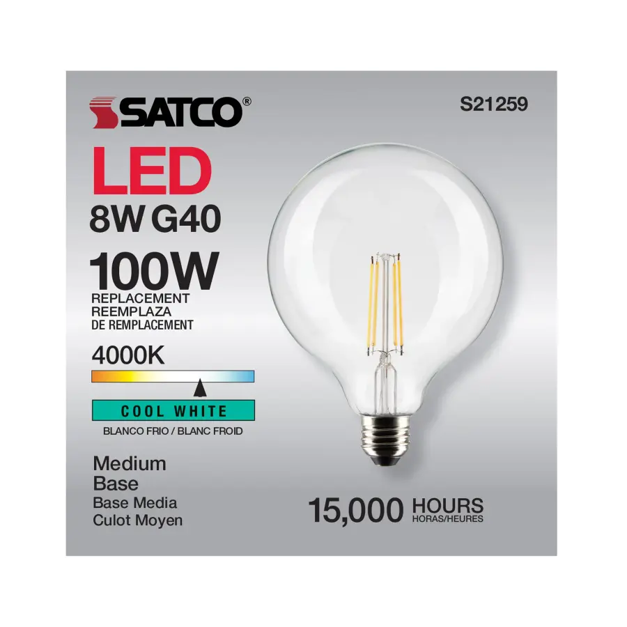 8 Watt G40 LED Filament - Clear - Medium base - 90 CRI - 4000K - 120 Volt - Image 11