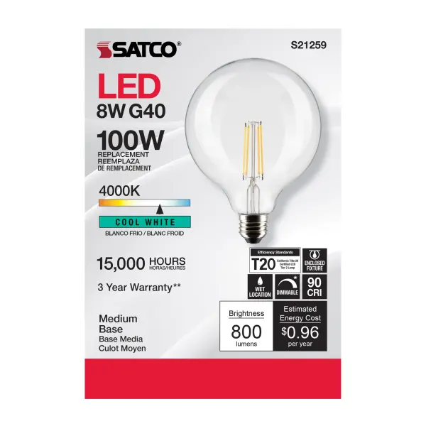 8 Watt G40 LED Filament - Clear - Medium base - 90 CRI - 4000K - 120 Volt - Image 4